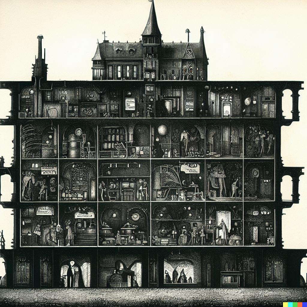 DALL·E 2023-06-26 12.06.08 – cross section of a haunted hospital with every department in detail by architect Zdzisław Beksiński where’s waldo