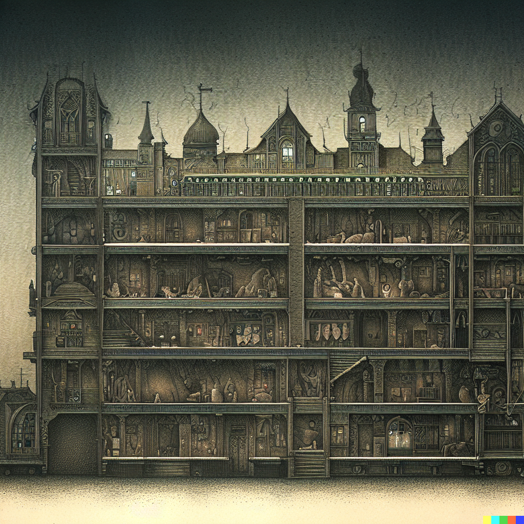 DALL·E 2023-06-26 12.06.12 – cross section of a haunted hospital with every department in detail by architect Zdzisław Beksiński wheres waldo