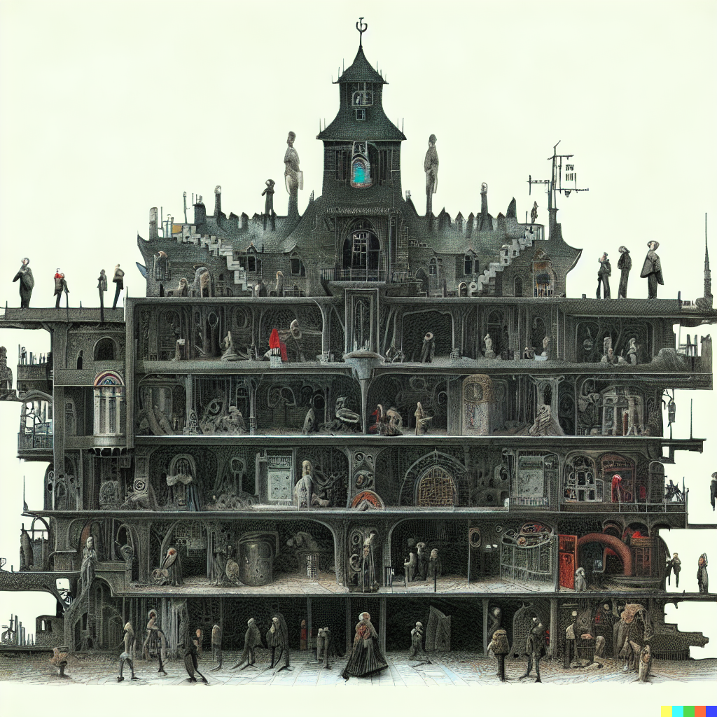 DALL·E 2023-06-26 12.06.16 – cross section of a haunted hospital with every department in detail by architect Zdzisław Beksiński wheres waldo