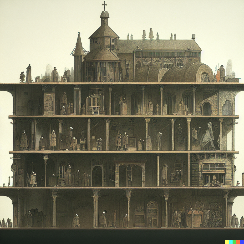 DALL·E 2023-06-26 12.06.18 – cross section of a haunted hospital with every department in detail by architect Zdzisław Beksiński wheres waldo