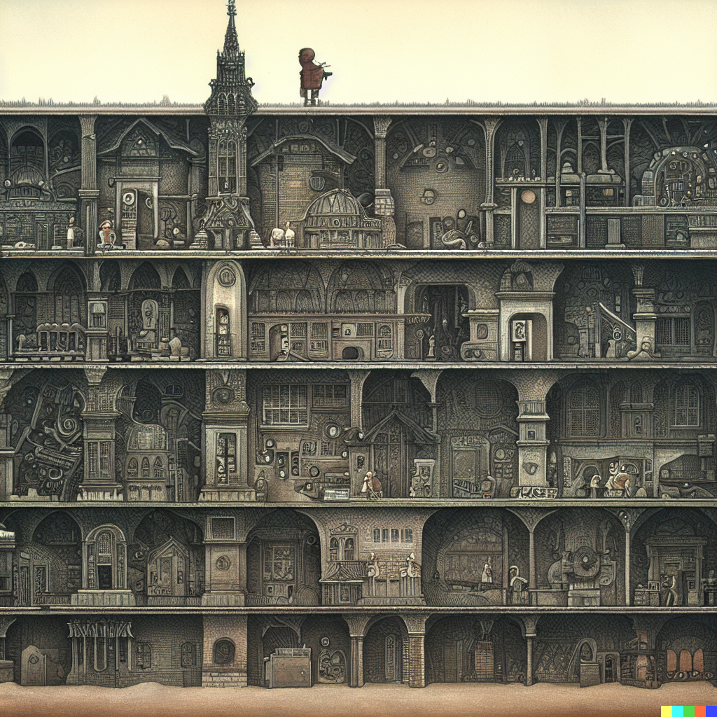 DALL·E 2023-06-26 12.06.26 – cross section of a haunted hospital with every department in detail by architect Zdzisław Beksiński wheres waldo