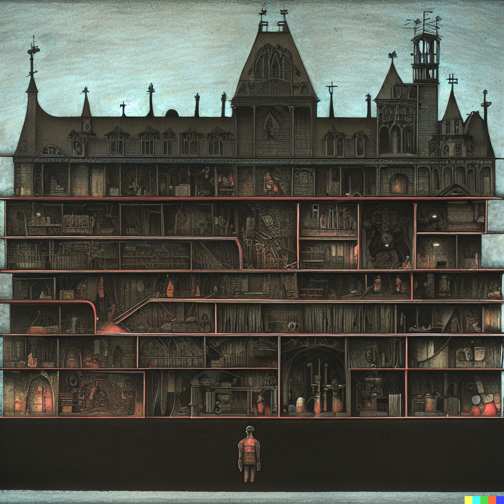 DALL·E 2023-06-26 12.06.31 – cross section of a haunted hospital with every department in detail by architect Zdzisław Beksiński