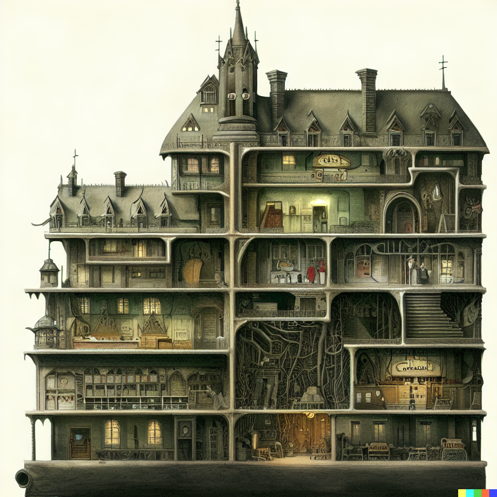 DALL·E 2023-06-26 12.06.35 – cross section of a haunted hospital with every department in detail by architect Zdzisław Beksiński