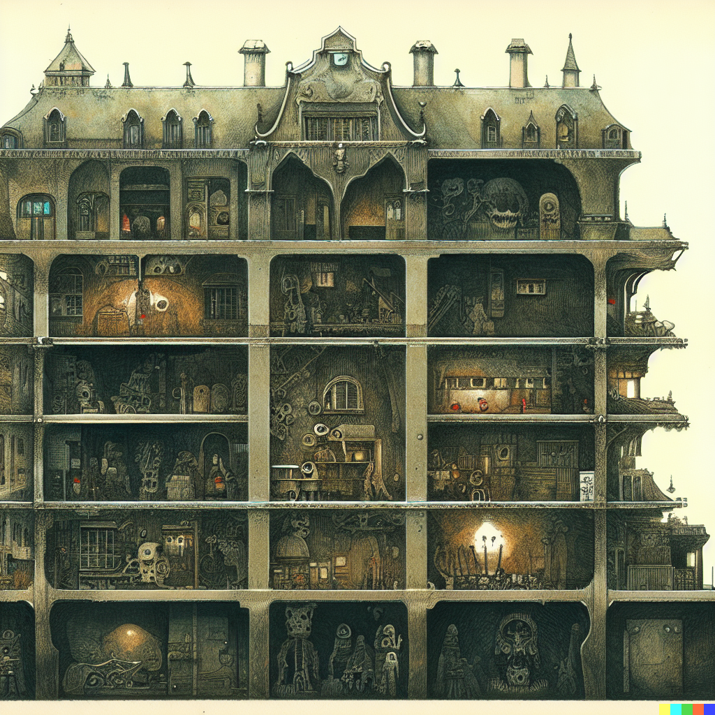 DALL·E 2023-06-26 12.06.37 – cross section of a haunted hospital with every department in detail by architect Zdzisław Beksiński