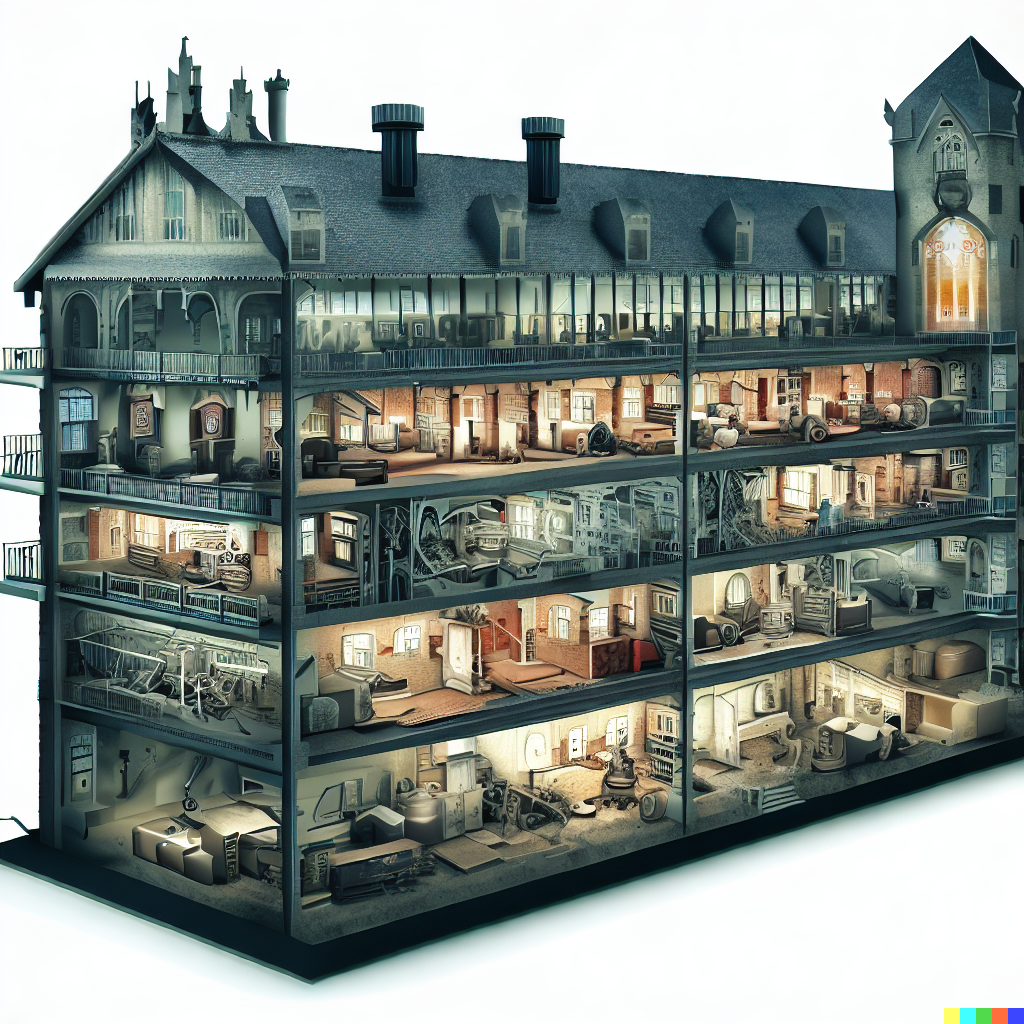 DALL·E 2023-06-26 12.06.41 – cross section of a haunted hospital with every department in detail