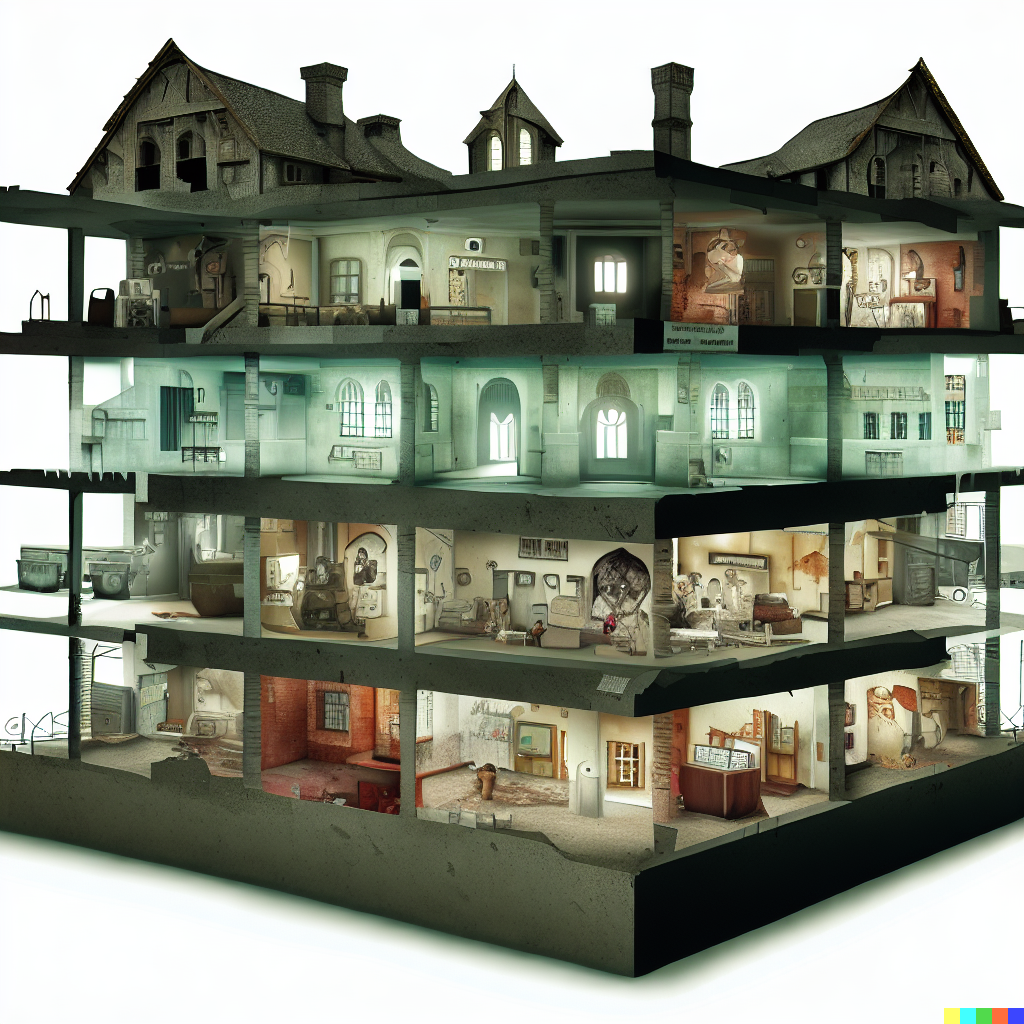 DALL·E 2023-06-26 12.06.45 – cross section of a haunted hospital with every department in detail
