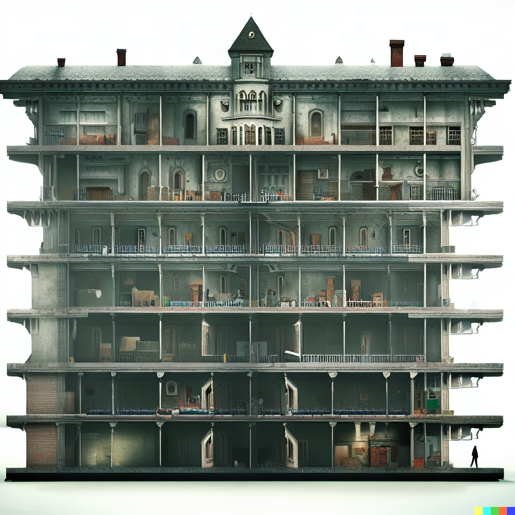 DALL·E 2023-06-26 12.07.01 – cross section of a haunted hospital with every floor in detail