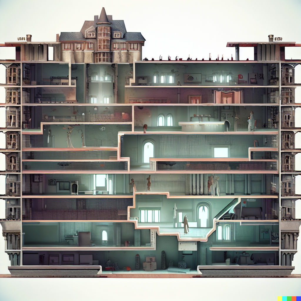 DALL·E 2023-06-26 12.07.09 – cross section of a haunted hospital with every floor in detail