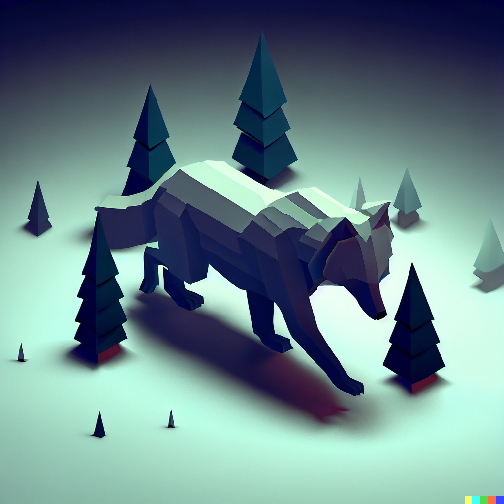 DALL·E 2023-06-26 12.07.28 – A_wolf_walking_into_the_woods_simple_isometric_3d_render_amazing_smooth_textures_perfect_polymeric_art_intricate_details_perfectly_detailed_