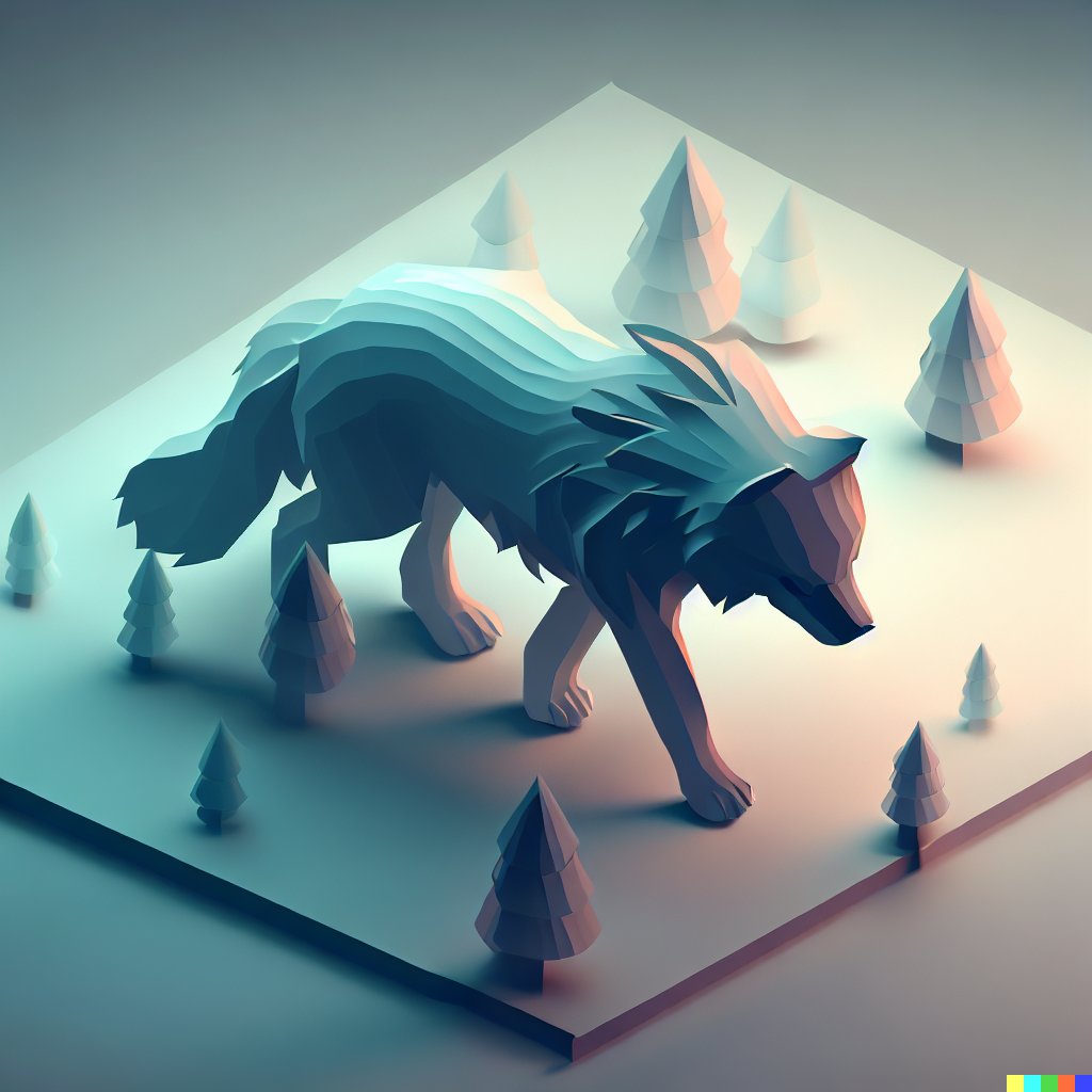 DALL·E 2023-06-26 12.07.34 – A_wolf_walking_into_the_woods_simple_isometric_3d_render_amazing_smooth_textures_perfect_polymeric_art_intricate_details_perfectly_detailed_