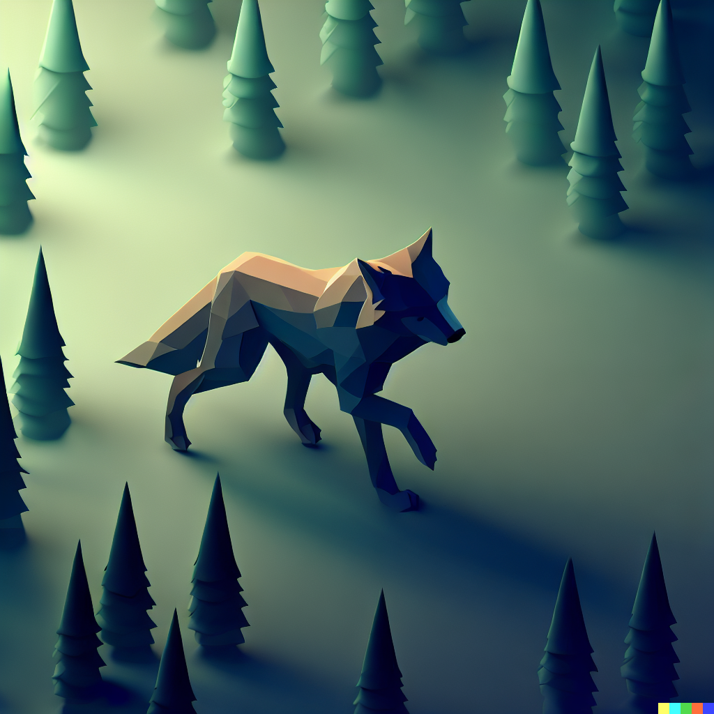 DALL·E 2023-06-26 12.07.37 – A_wolf_walking_into_the_woods_simple_isometric_3d_render_amazing_smooth_textures_perfect_polymeric_art_intricate_details_perfectly_detailed_