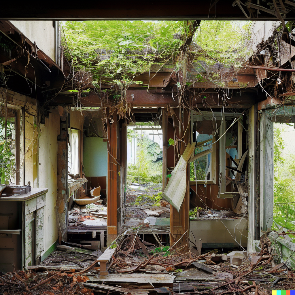 DALL·E 2023-06-26 12.08.08 – cross-section photograph of a abandoned house showing interior detail of every room, slowing being overgrown by vines