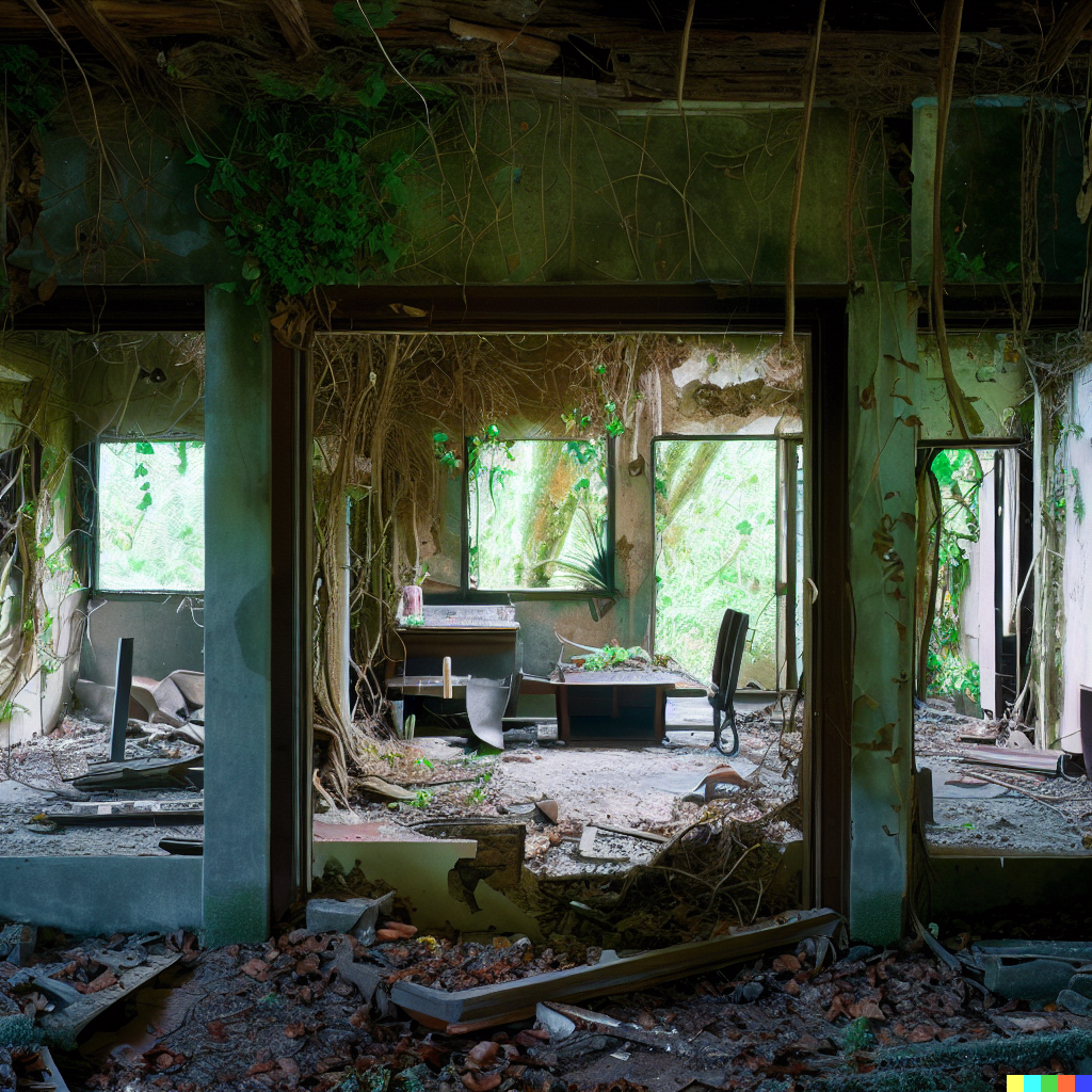 DALL·E 2023-06-26 12.08.13 – cross-section photograph of a abandoned house showing interior detail of every room, slowing being overgrown by vines
