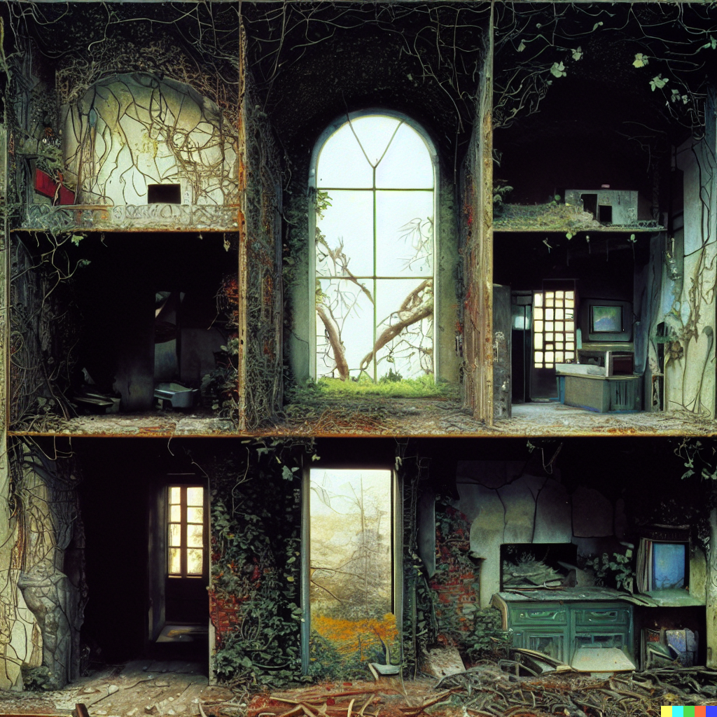 DALL·E 2023-06-26 12.08.18 – cross-section photograph of a abandoned house showing interior detail of every room, by Zdzisław Beksiński, slowing being overgrown by vines