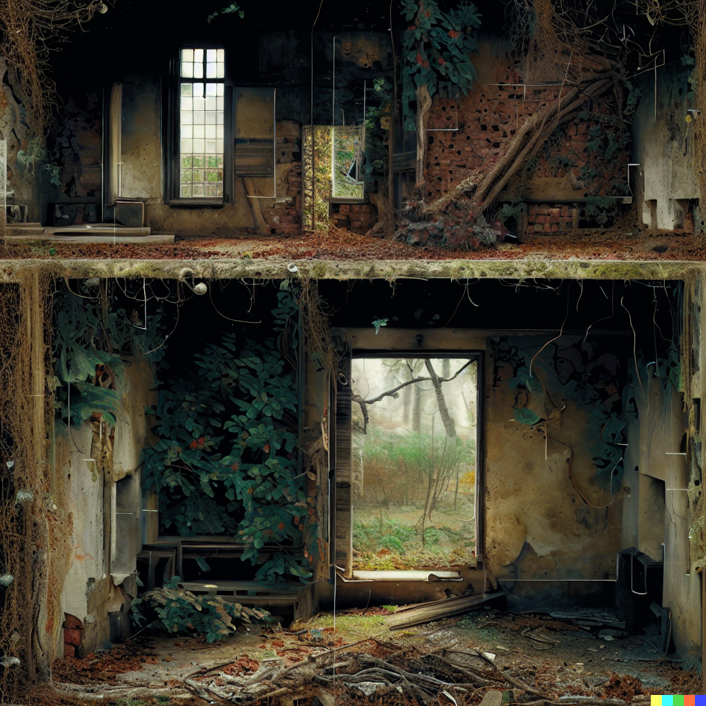 DALL·E 2023-06-26 12.08.21 – cross-section photograph of a abandoned house showing interior detail of every room, by Zdzisław Beksiński, slowing being overgrown by vines
