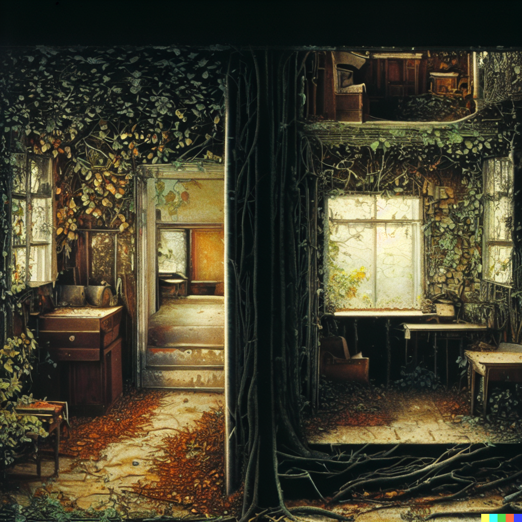 DALL·E 2023-06-26 12.08.24 – cross-section photograph of a abandoned house showing interior detail of every room, by Zdzisław Beksiński, slowing being overgrown by vines