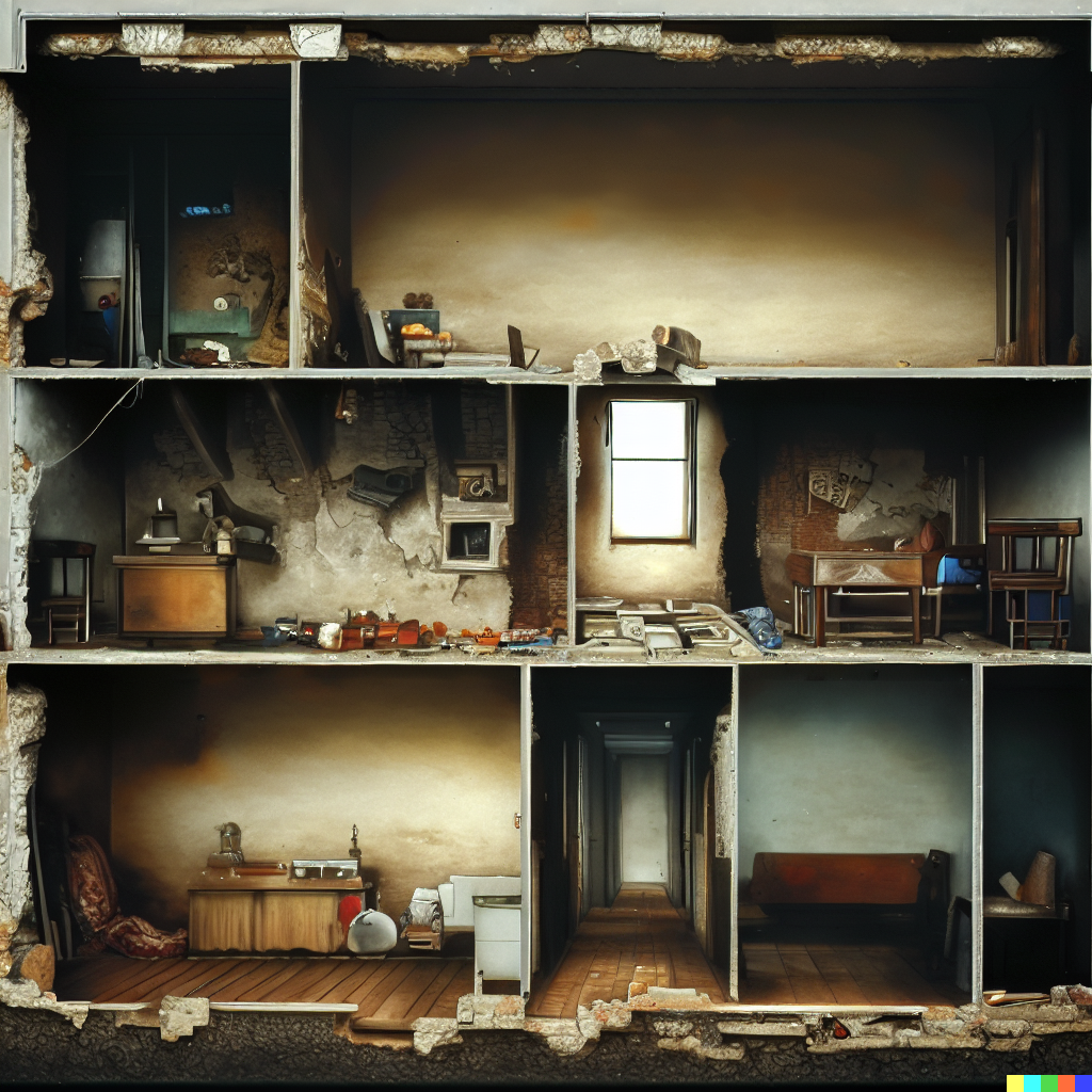 DALL·E 2023-06-26 12.08.40 – cross-section photograph of a abandoned house showing interior detail of every room, by Zdzisław Beksiński