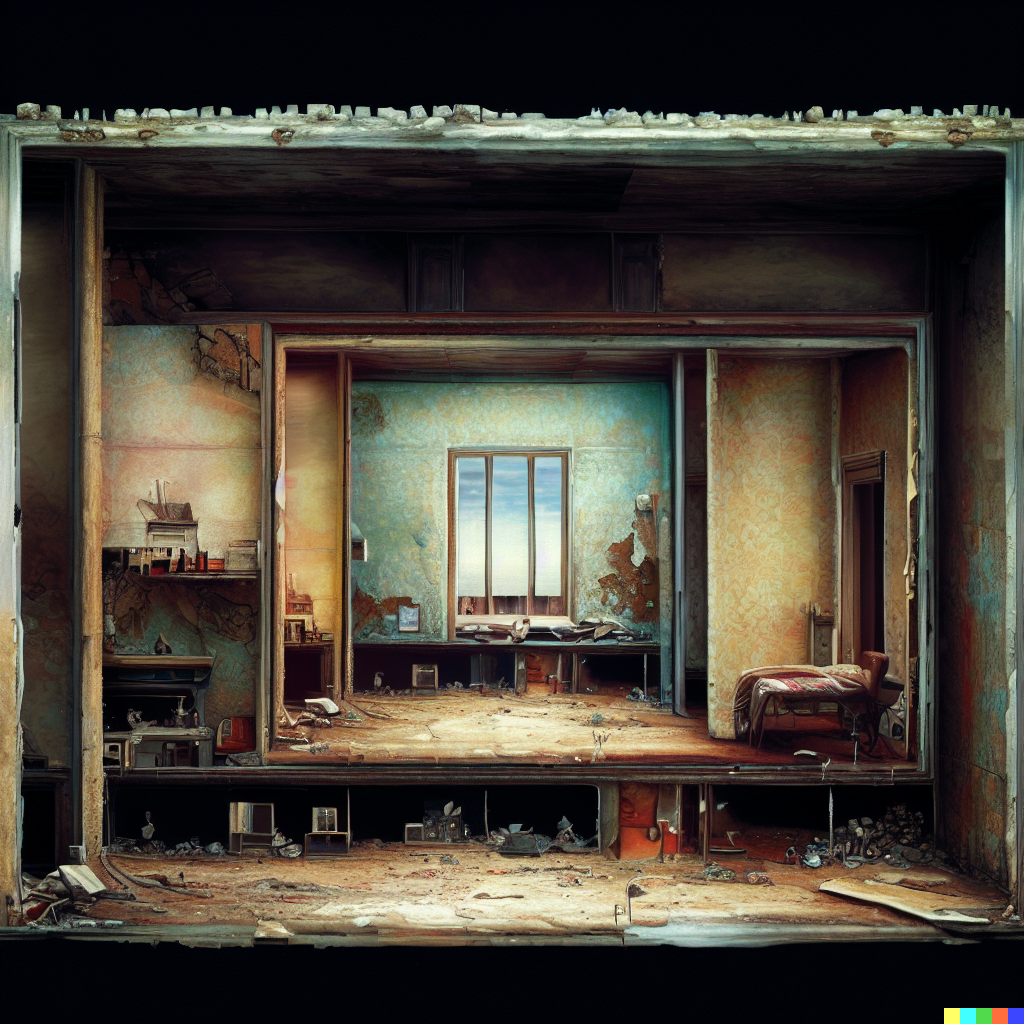 DALL·E 2023-06-26 12.08.50 – cross-section photograph of a abandoned house showing interior detail of every room, by Zdzisław Beksiński