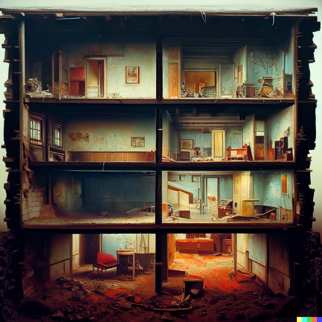 DALL·E 2023-06-26 12.08.53 – cross-section photograph of a abandoned house showing interior detail of every room, by Zdzisław Beksiński
