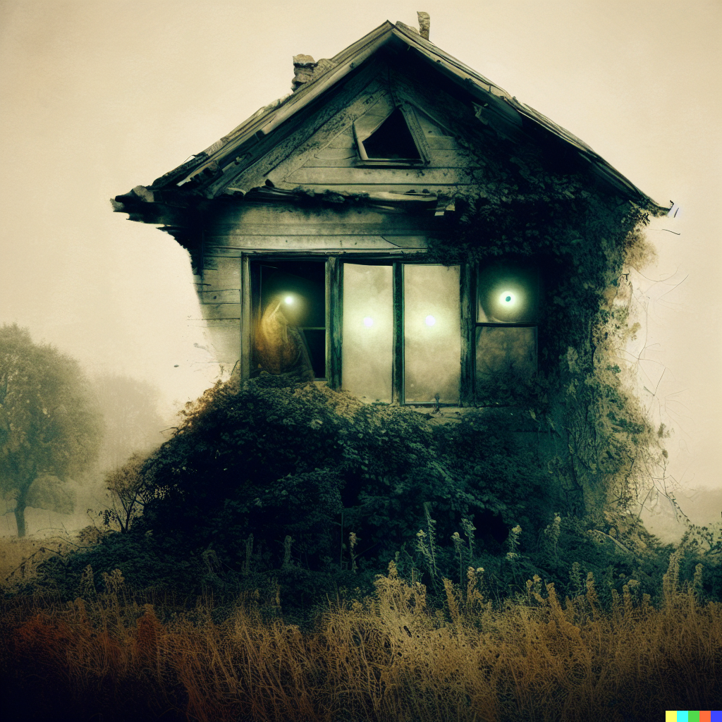 DALL·E 2023-06-26 12.09.05 – cross-section photograph of an abandoned house in an overgrown countryside, looks haunted, photorealistic illustration, ghost inside with glowing eyes