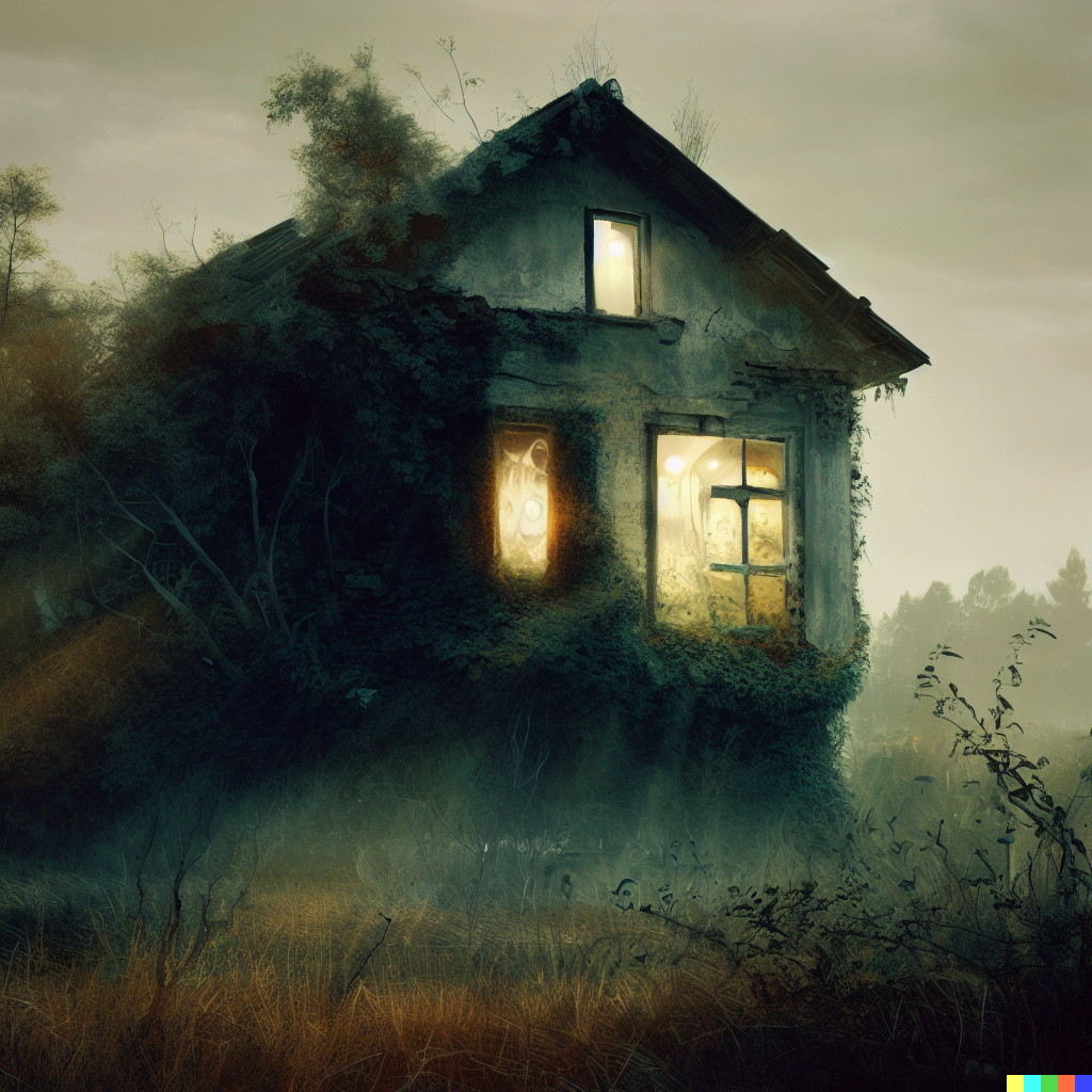 DALL·E 2023-06-26 12.09.09 – cross-section photograph of an abandoned house in an overgrown countryside, looks haunted, photorealistic illustration, ghost inside with glowing eyes