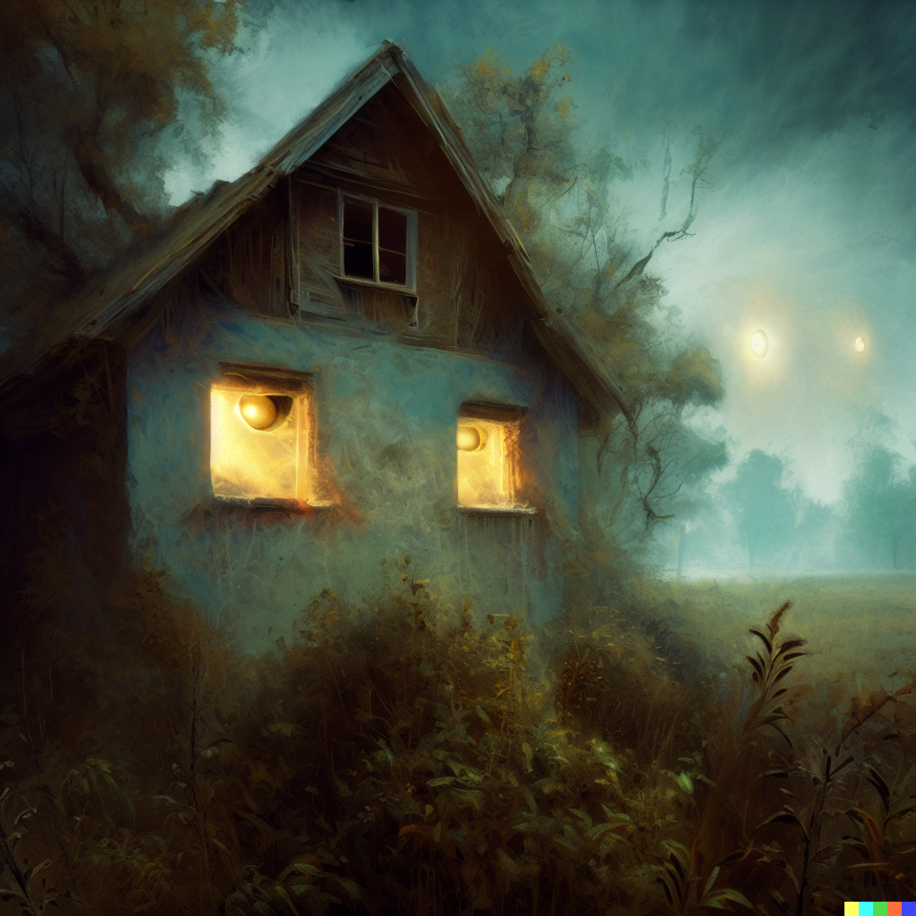 DALL·E 2023-06-26 12.09.12 – abandoned house in an overgrown countryside, looks haunted, photorealistic illustration, ghost inside with glowing eyes staring out window, Zdzisław B