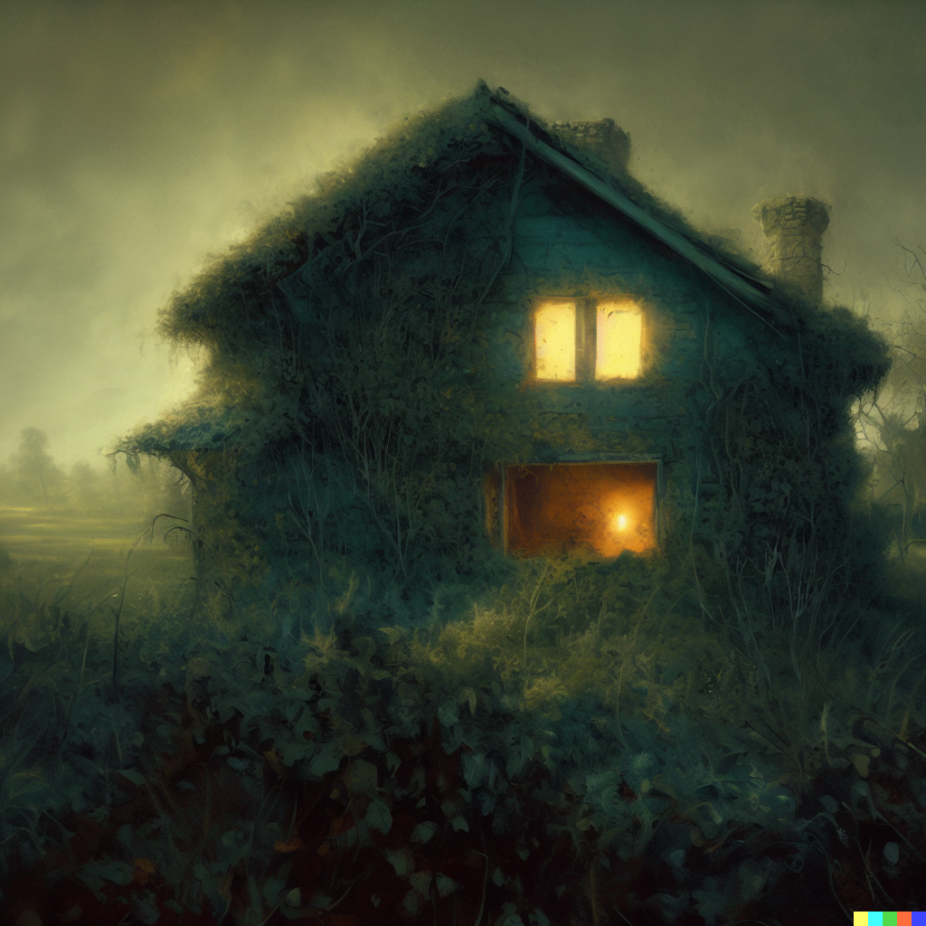 DALL·E 2023-06-26 12.09.17 – abandoned house in an overgrown countryside, looks haunted, photorealistic illustration, ghost inside with glowing eyes staring out window, Zdzisław B