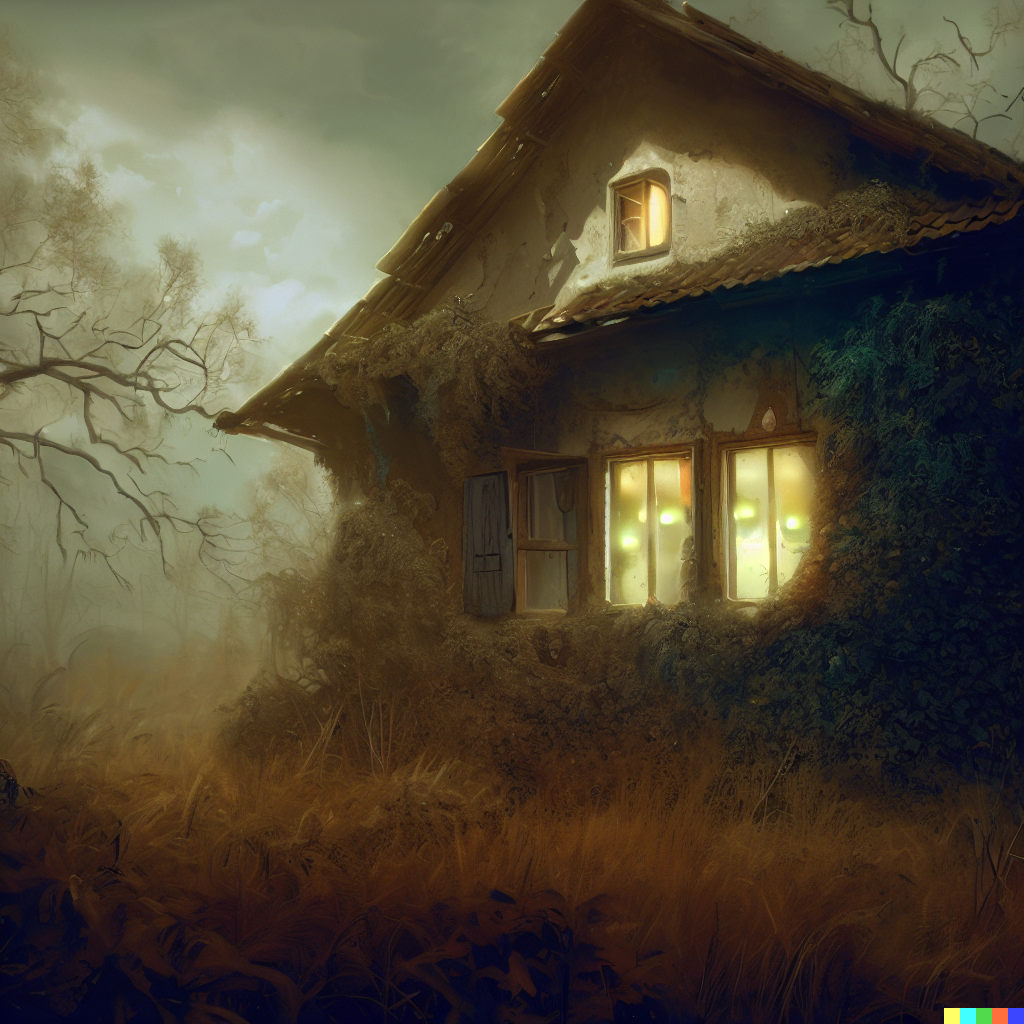 DALL·E 2023-06-26 12.09.20 – abandoned house in an overgrown countryside, looks haunted, photorealistic illustration, ghost inside with glowing eyes staring out window, Zdzisław B