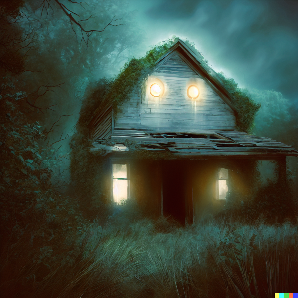 DALL·E 2023-06-26 12.09.23 – abandoned house in an overgrown countryside, looks haunted, photorealistic illustration, ghost inside glowing eyes