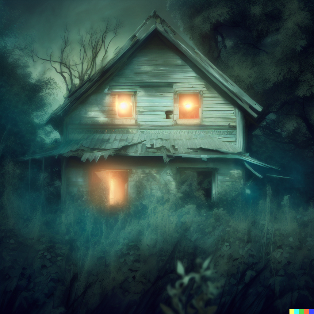 DALL·E 2023-06-26 12.09.27 – abandoned house in an overgrown countryside, looks haunted, photorealistic illustration, ghost inside glowing eyes