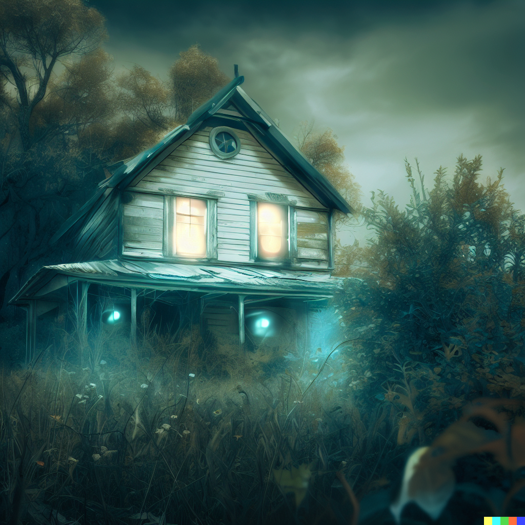 DALL·E 2023-06-26 12.09.29 – abandoned house in an overgrown countryside, looks haunted, photorealistic illustration, ghost inside glowing eyes