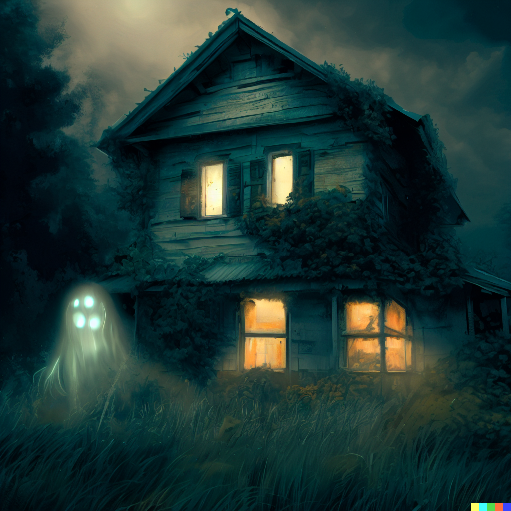 DALL·E 2023-06-26 12.09.32 – abandoned house in an overgrown countryside, looks haunted, photorealistic illustration, ghost inside glowing eyes