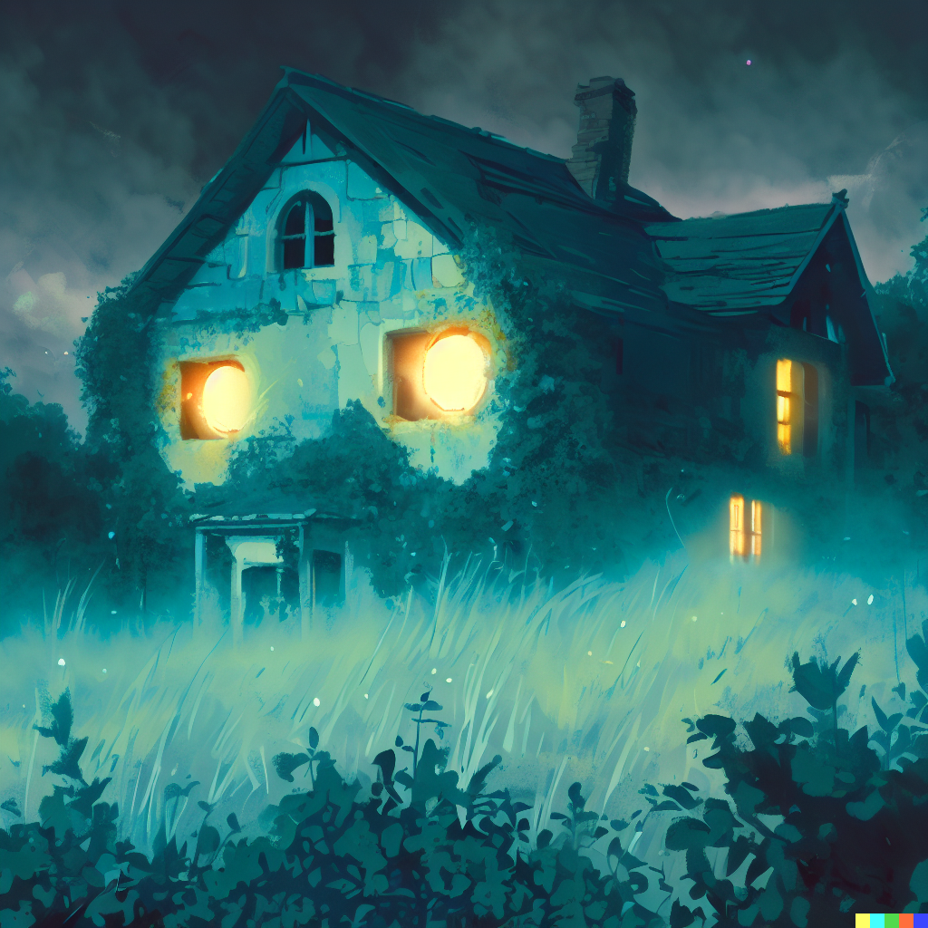 DALL·E 2023-06-26 12.09.36 – abandoned house in an overgrown countryside, looks haunted, illustration, ghost inside glowing eyes