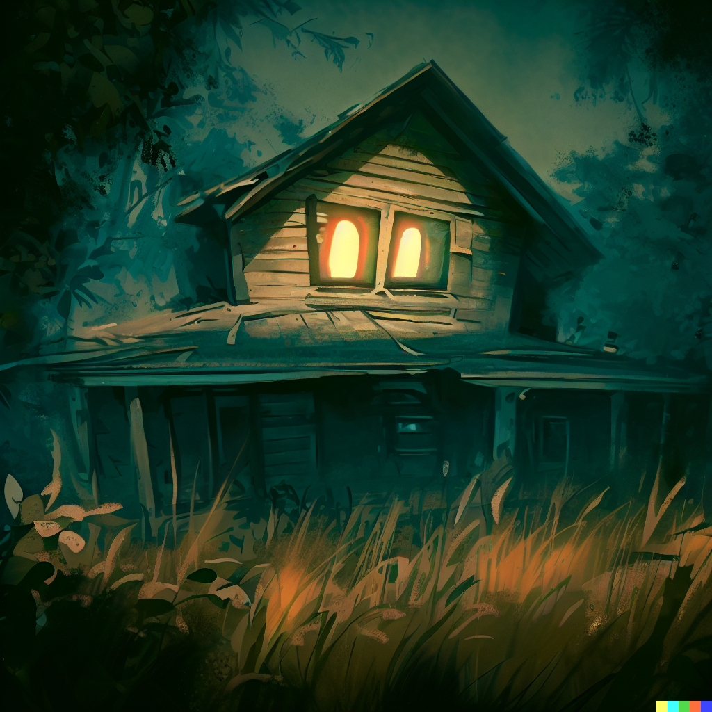 DALL·E 2023-06-26 12.09.39 – abandoned house in an overgrown countryside, looks haunted, illustration, ghost inside glowing eyes
