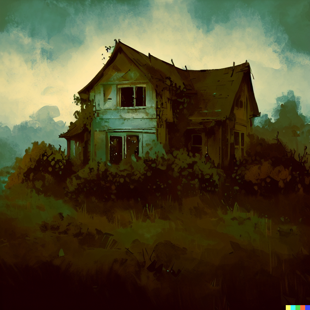 DALL·E 2023-06-26 12.09.44 – abandoned house in an overgrown countryside, looks haunted, illustration, ghost