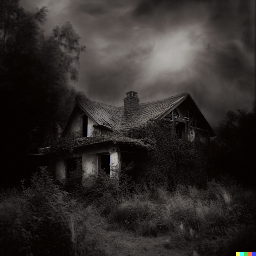 DALL·E 2023-06-26 12.10.20 – photograph of an abandoned house in an overgrown countryside, looks haunted, dark magic emanating from inside