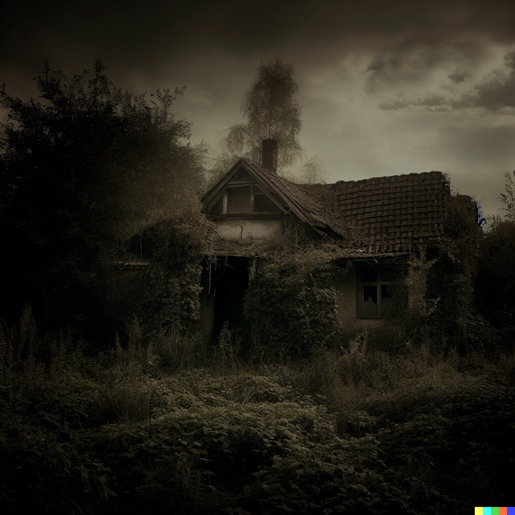 DALL·E 2023-06-26 12.10.23 – photograph of an abandoned house in an overgrown countryside, looks haunted, dark magic emanating from inside