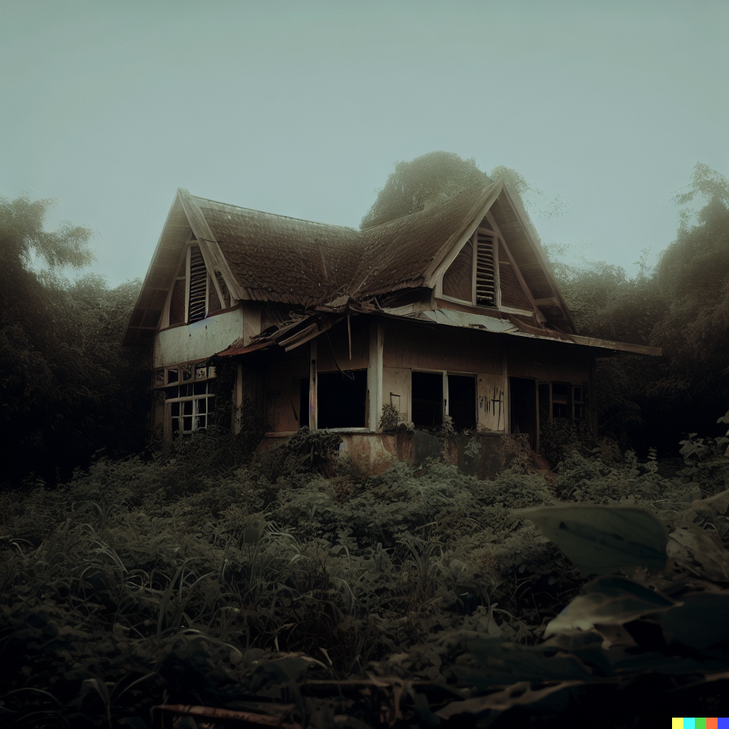 DALL·E 2023-06-26 12.10.27 – photograph of an abandoned house in an overgrown countryside, looks haunted