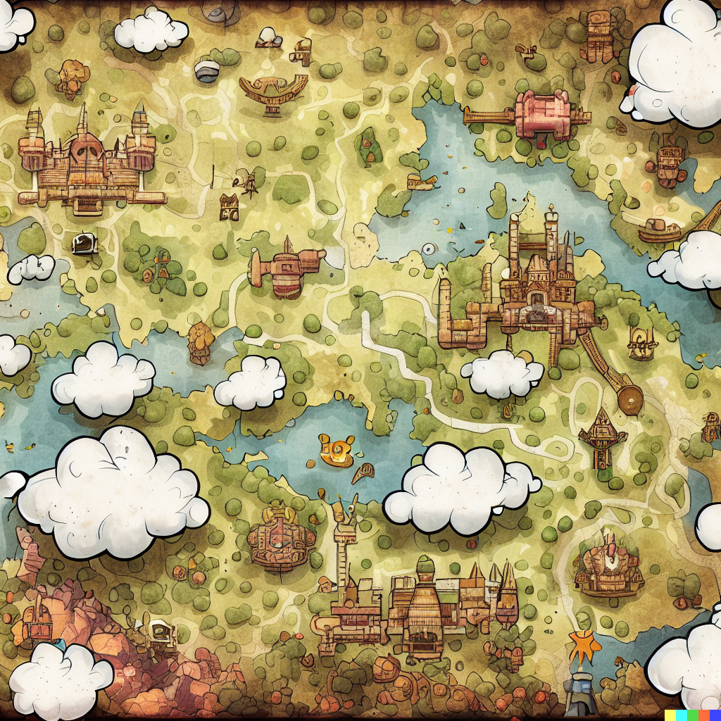 DALL·E 2023-06-26 12.11.02 – top down fantasy cartography map of kanto region, with castles, towns and dungeons as points of interest, richly detailed, antique map, small cute whi