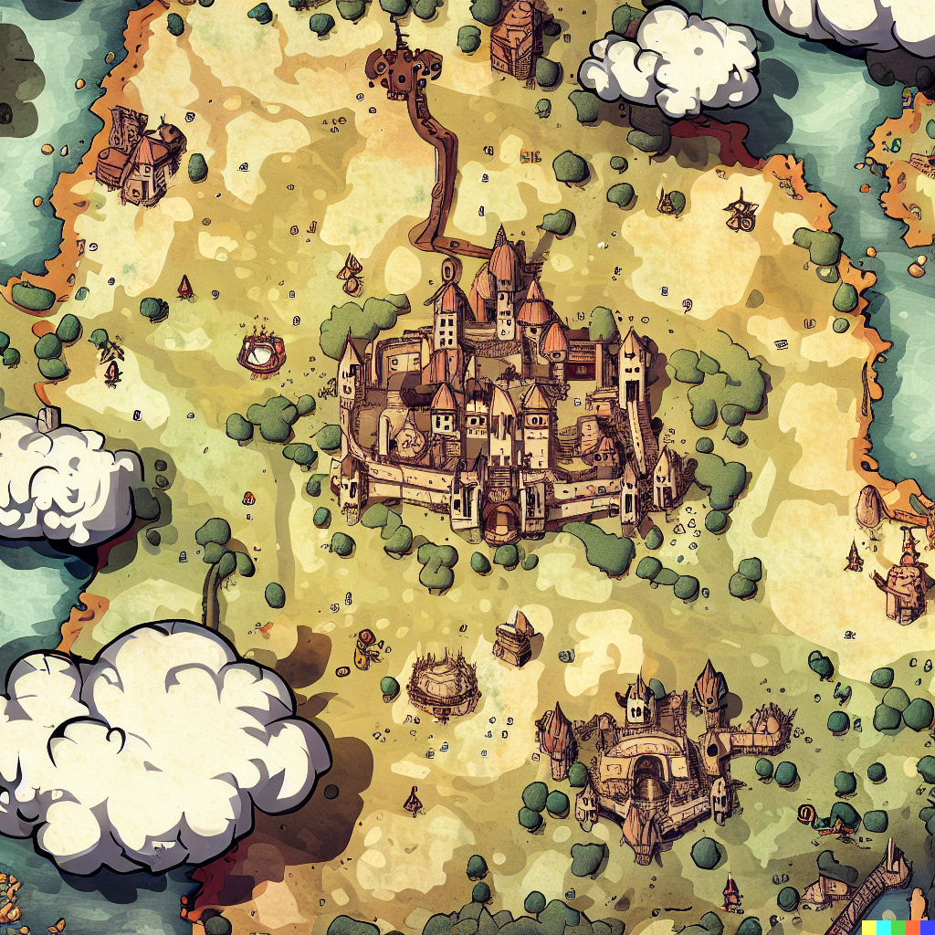 DALL·E 2023-06-26 12.11.11 – top down fantasy cartography map of kanto region, with castles, towns and dungeons as points of interest, richly detailed, antique map, small cute whi