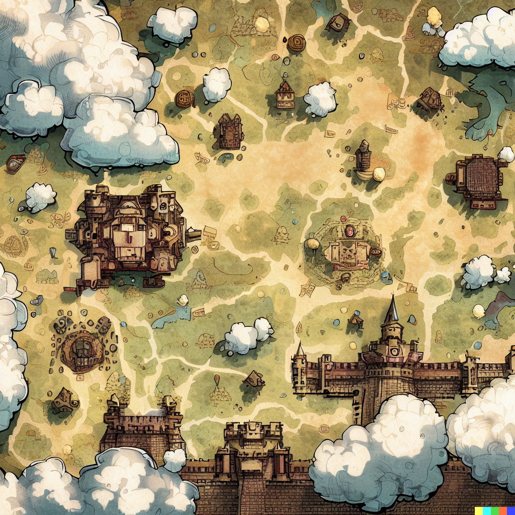 DALL·E 2023-06-26 12.11.14 – top down fantasy cartography map of kanto region, with castles, towns and dungeons as points of interest, richly detailed, antique map, small cute whi