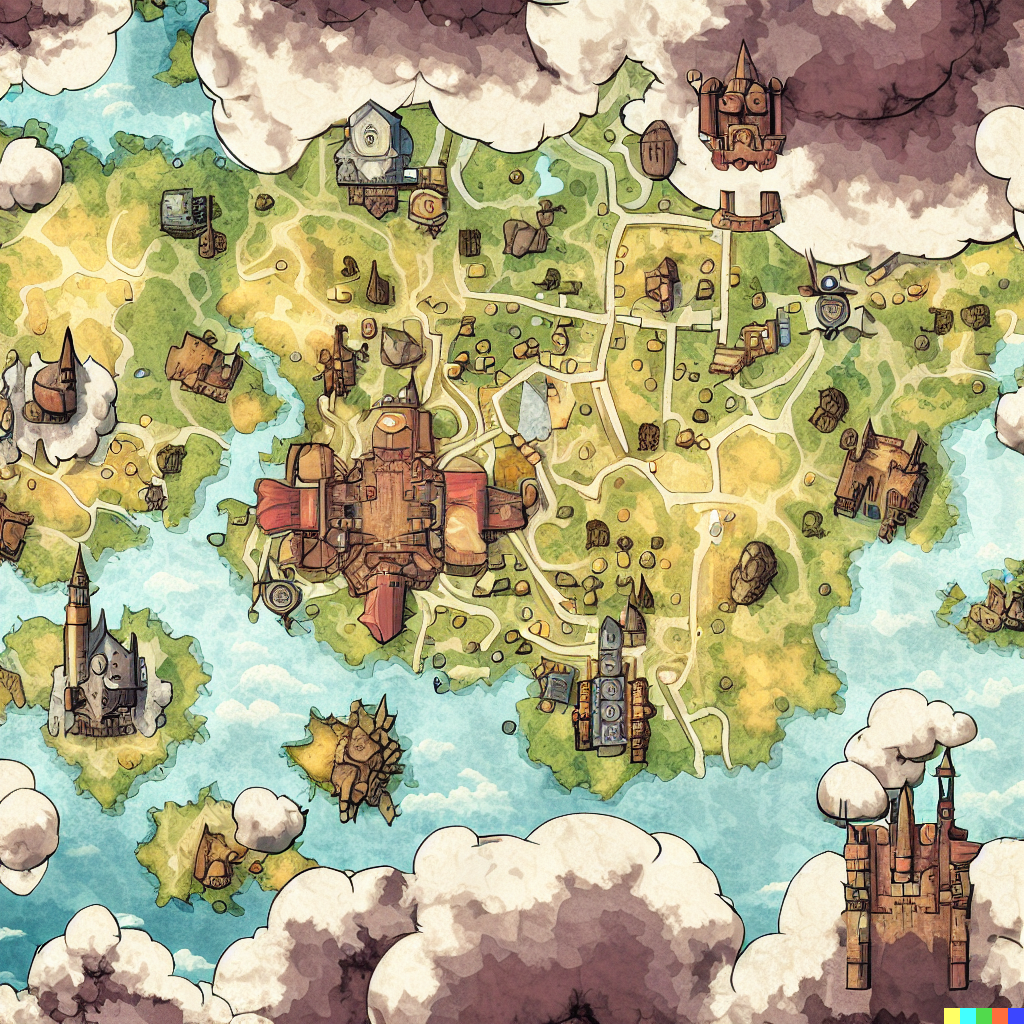 DALL·E 2023-06-26 12.11.17 – top down fantasy cartography map of kanto region, with castles, towns and dungeons as points of interest, richly detailed, antique map, small cute whi