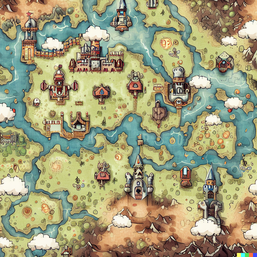DALL·E 2023-06-26 12.11.27 – top down fantasy cartography map of pokemon johto region, with castles, towns and dungeons as points of interest, richly detailed, antique map, small