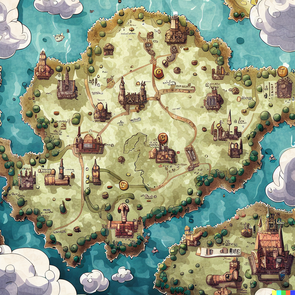 DALL·E 2023-06-26 12.11.30 – top down fantasy cartography map of pokemon johto region, with castles, towns and dungeons as points of interest, richly detailed, antique map, small