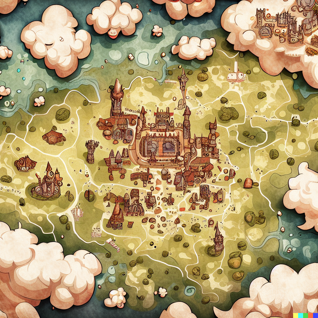 DALL·E 2023-06-26 12.11.34 – top down fantasy cartography map of a large country, with castles, towns and dungeons as points of interest, richly detailed, antique map, small cute