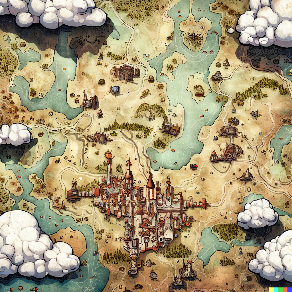 DALL·E 2023-06-26 12.11.40 – top down fantasy cartography map of a large country, with castles, towns and dungeons as points of interest, richly detailed, antique map, small cute