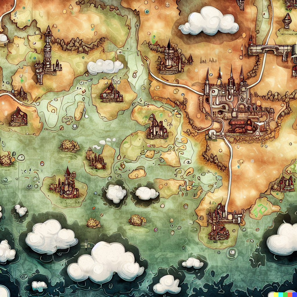 DALL·E 2023-06-26 12.11.44 – top down fantasy cartography map of a large country, with castles, towns and dungeons as points of interest, richly detailed, antique map, small cute