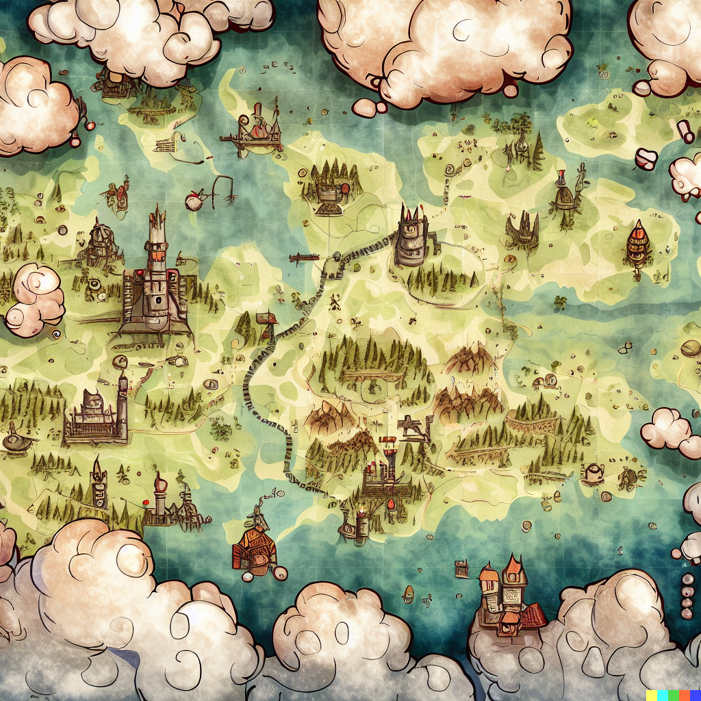 DALL·E 2023-06-26 12.11.47 – top down fantasy cartography map of a large country, with castles, towns and dungeons as points of interest, richly detailed, antique map, cute white