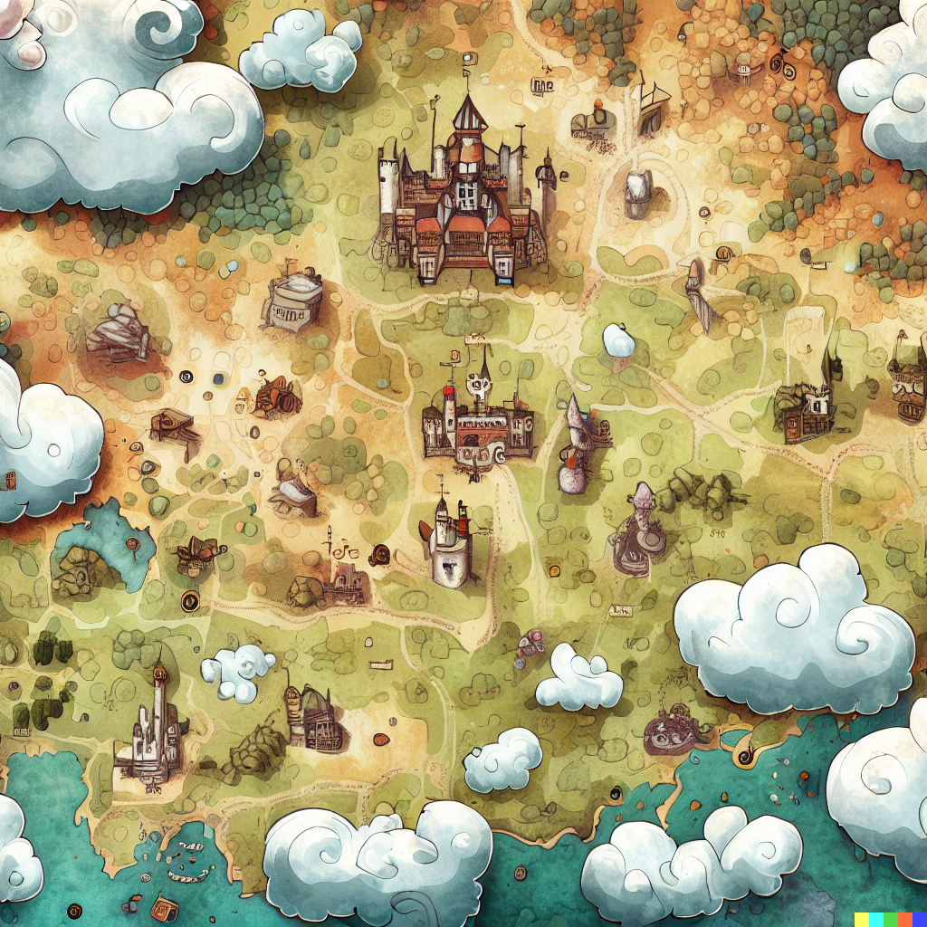 DALL·E 2023-06-26 12.11.50 – top down fantasy cartography map of a large country, with castles, towns and dungeons as points of interest, richly detailed, antique map, cute white