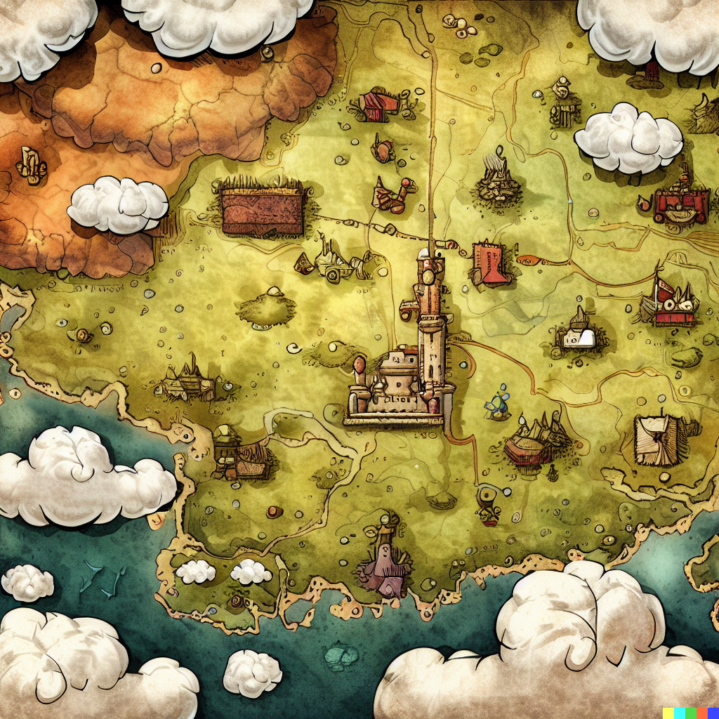 DALL·E 2023-06-26 12.11.52 – top down fantasy cartography map of a large country, with castles, towns and dungeons as points of interest, richly detailed, antique map, cute white